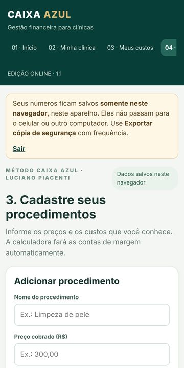 Calculadora CAIXA AZUL aberta no celular, na tela de procedimentos