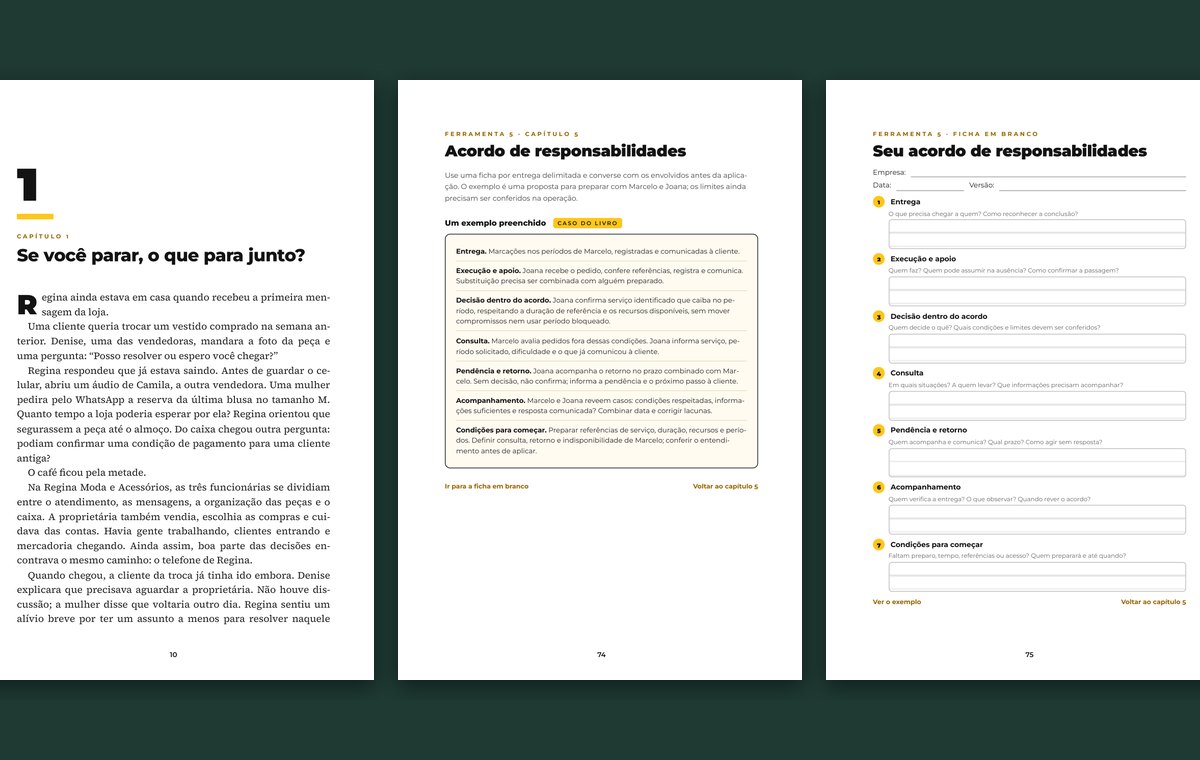 Páginas do livro: abertura do capítulo 1, exemplo preenchido do Acordo de responsabilidades e a ficha em branco