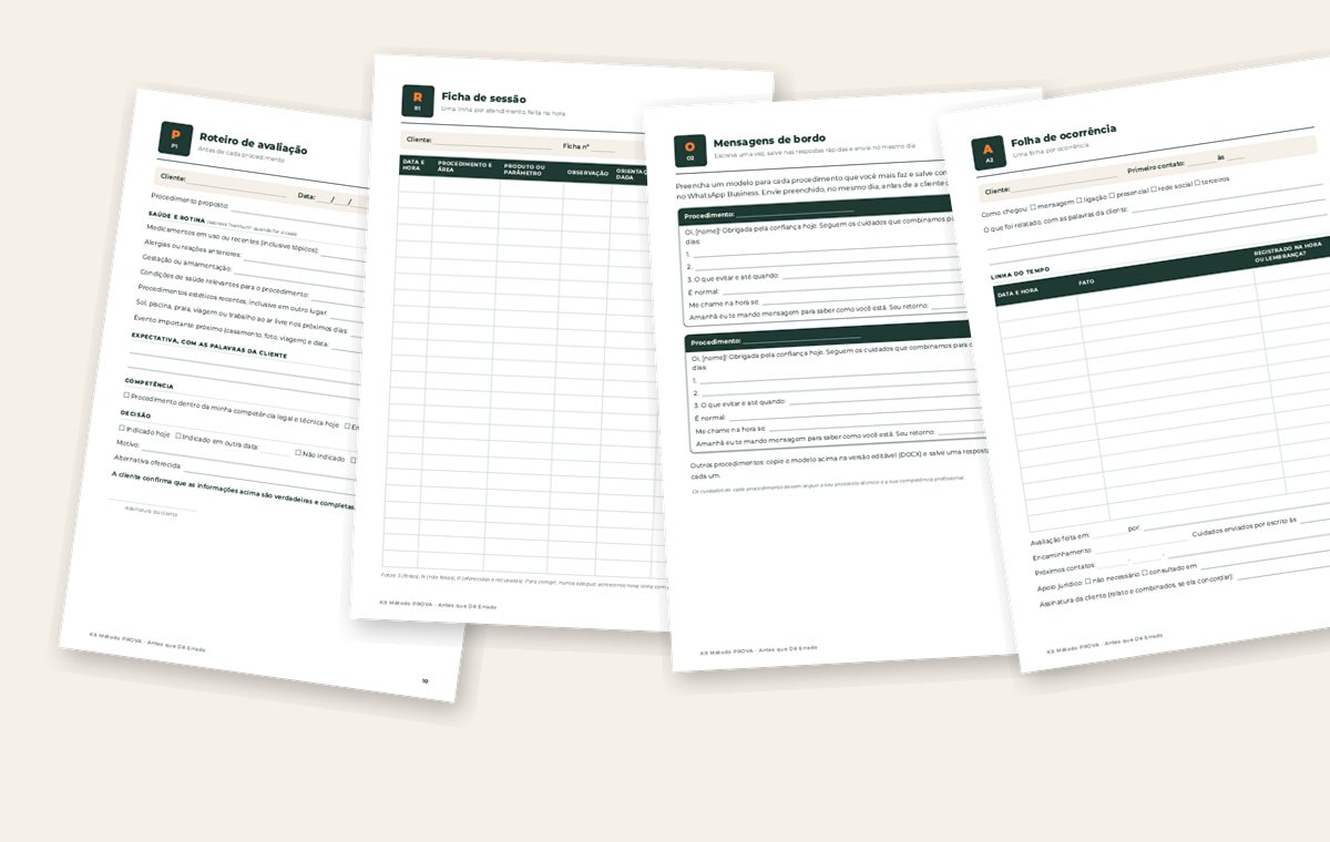 Algumas fichas do Kit Método PROVA, vendido à parte: roteiro de avaliação, ficha de sessão, mensagens de bordo e folha de ocorrência